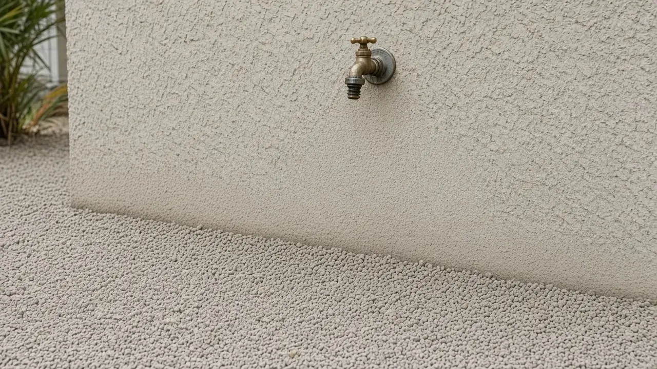 Same stucco wall with the mulch pulled back to a dry gravel strip and the hose bib fixed