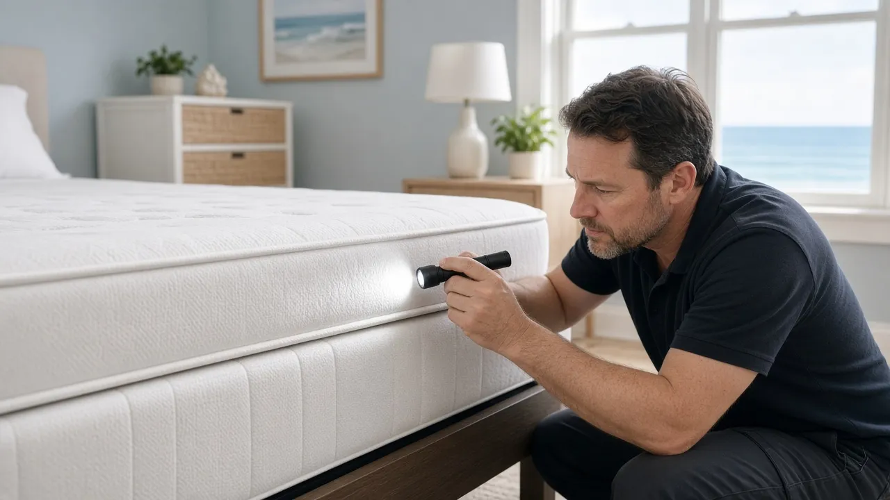 Technician inspecting mattress seams for bed bugs in Vero Beach