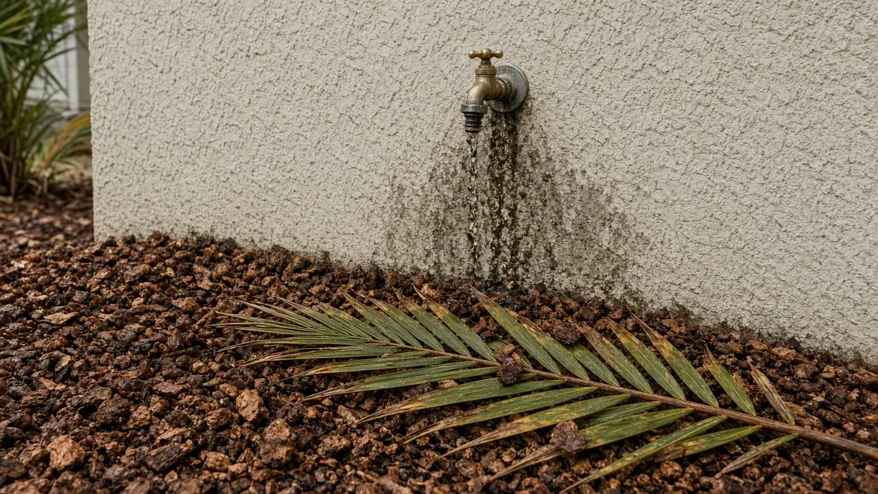 Wet mulch heaped against a stucco wall under a dripping hose bib with a fallen palm frond