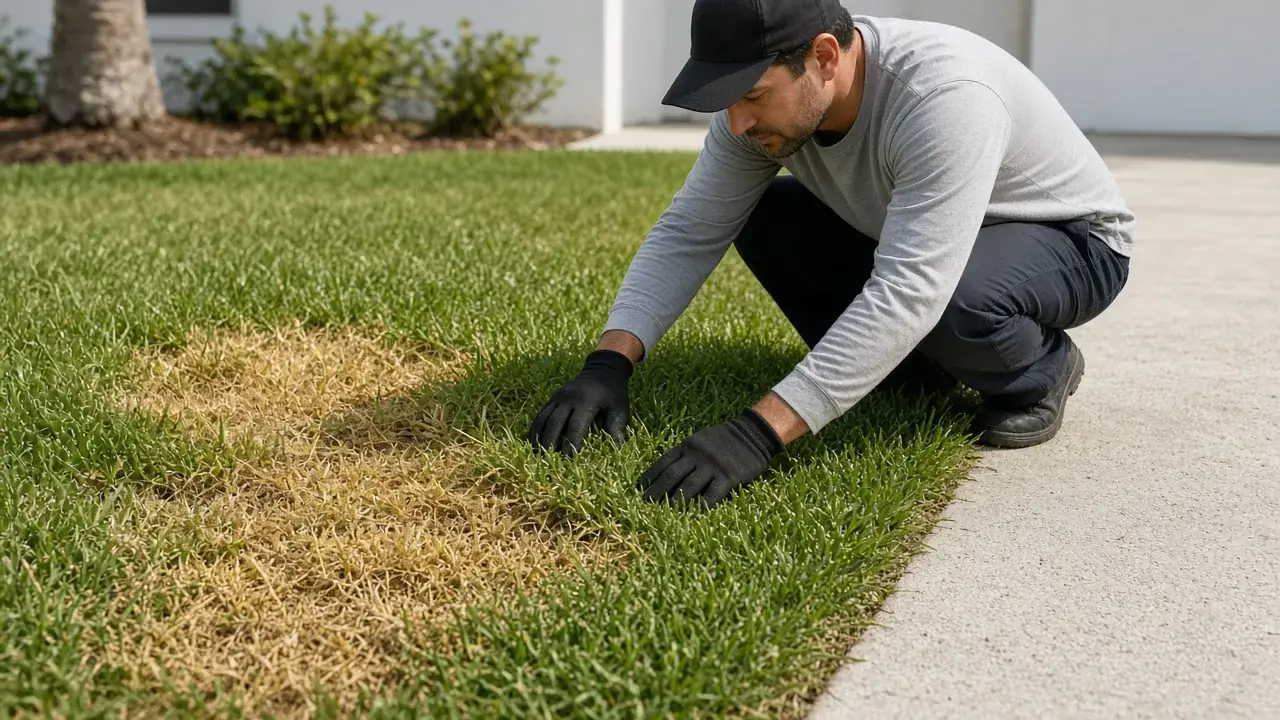 Yellow chinch bug damage at the edge of a St. Augustinegrass lawn