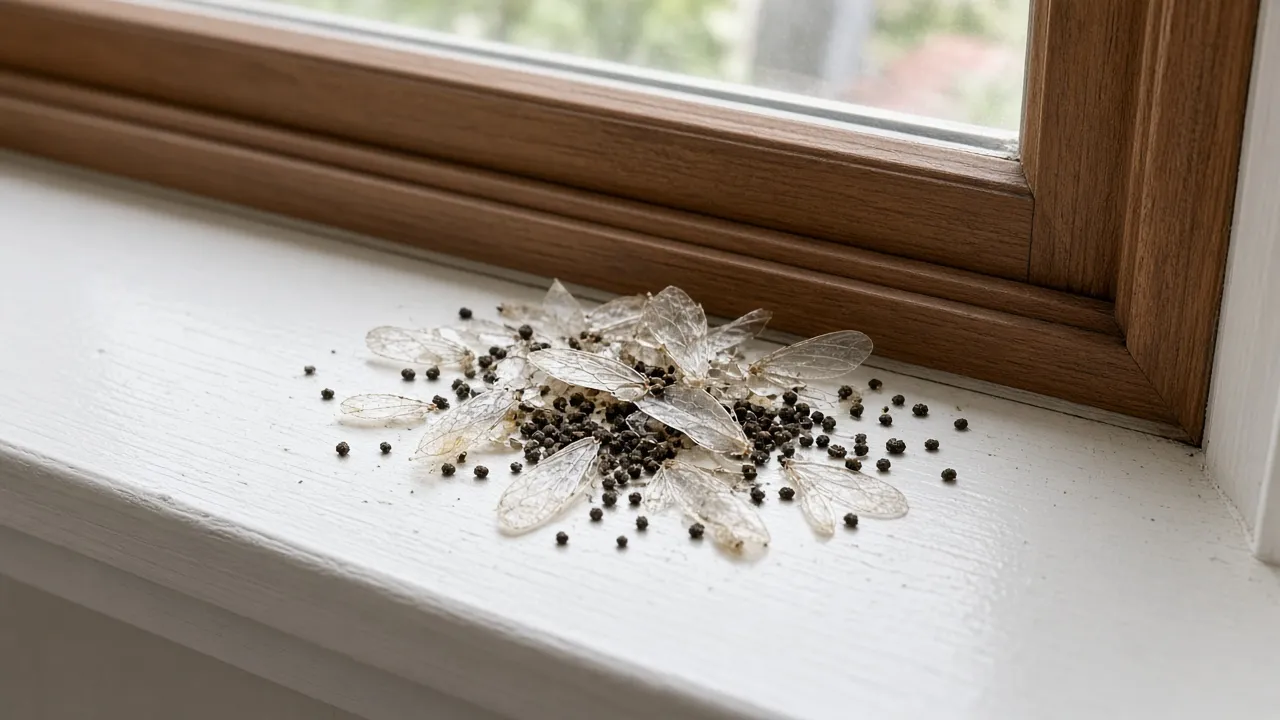 Shed termite wings and drywood termite pellets on a white window sill