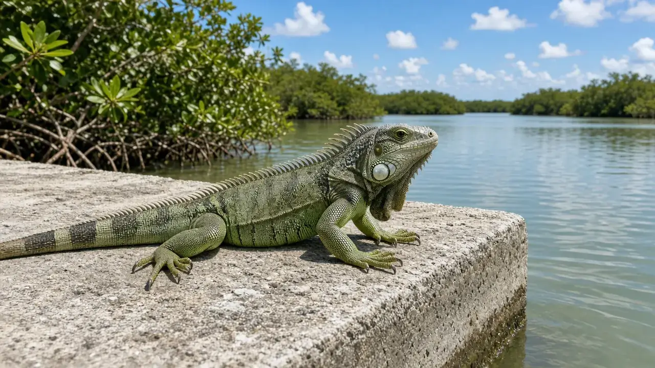Green iguana basking on a seawall along the Indian River Lagoon
