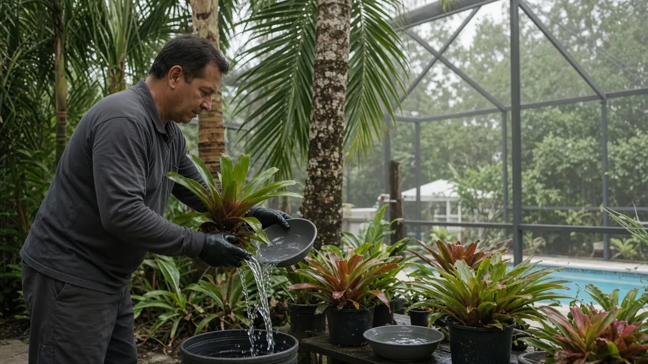 Technician dumping standing water from a plant saucer near bromeliads by a screened pool