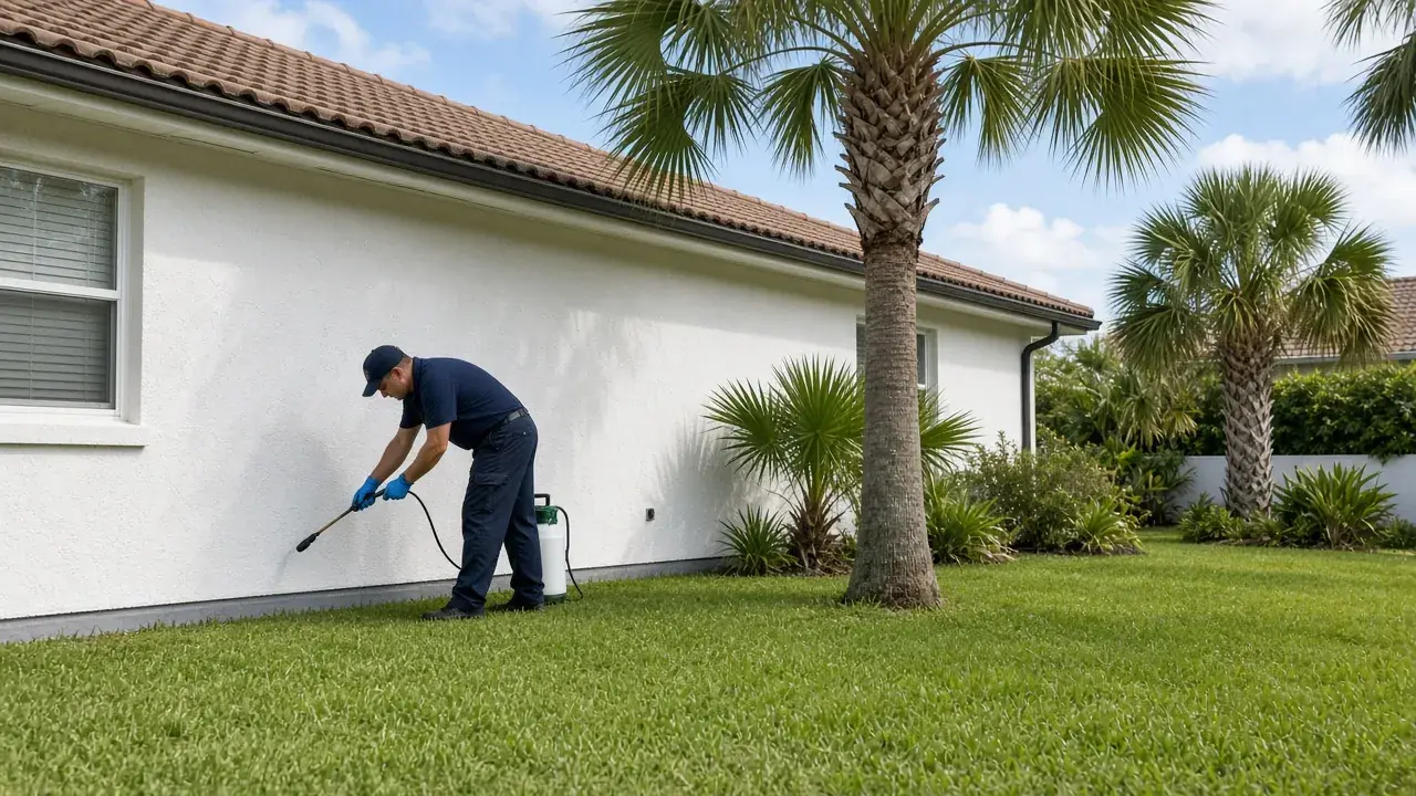 Pest control technician treating the base of a white stucco home with a tile roof and sabal palms in Vero Beach, FL