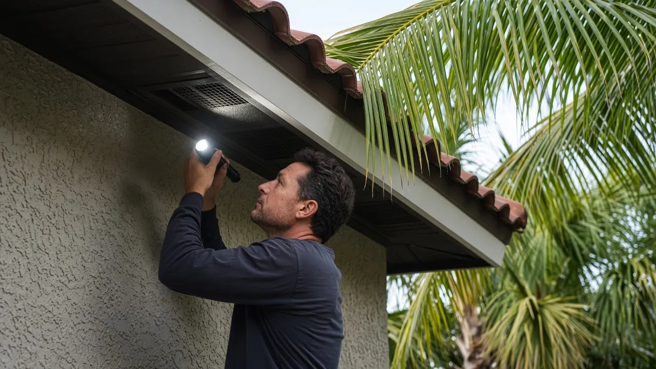 Technician with a flashlight checking a soffit vent under a tile roof next to a palm